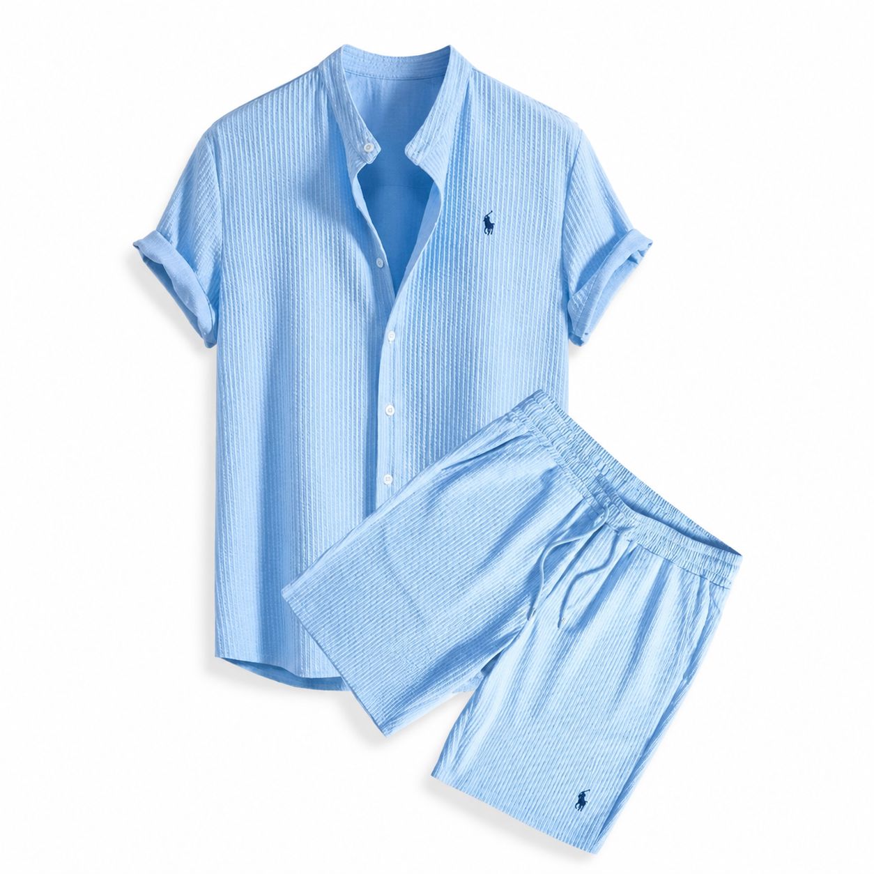 Set Coordinato Uomo - Camicia Collo alla Coreana e Pantaloncini Casual