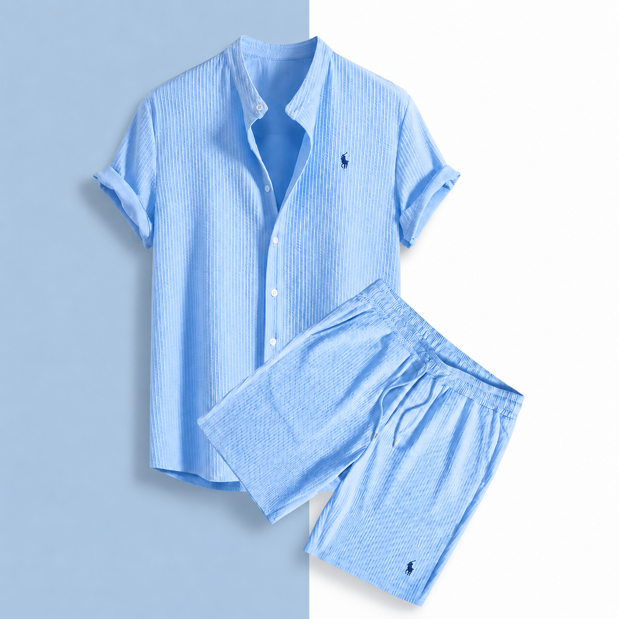 Set Coordinato Uomo - Camicia Collo alla Coreana e Pantaloncini Casual