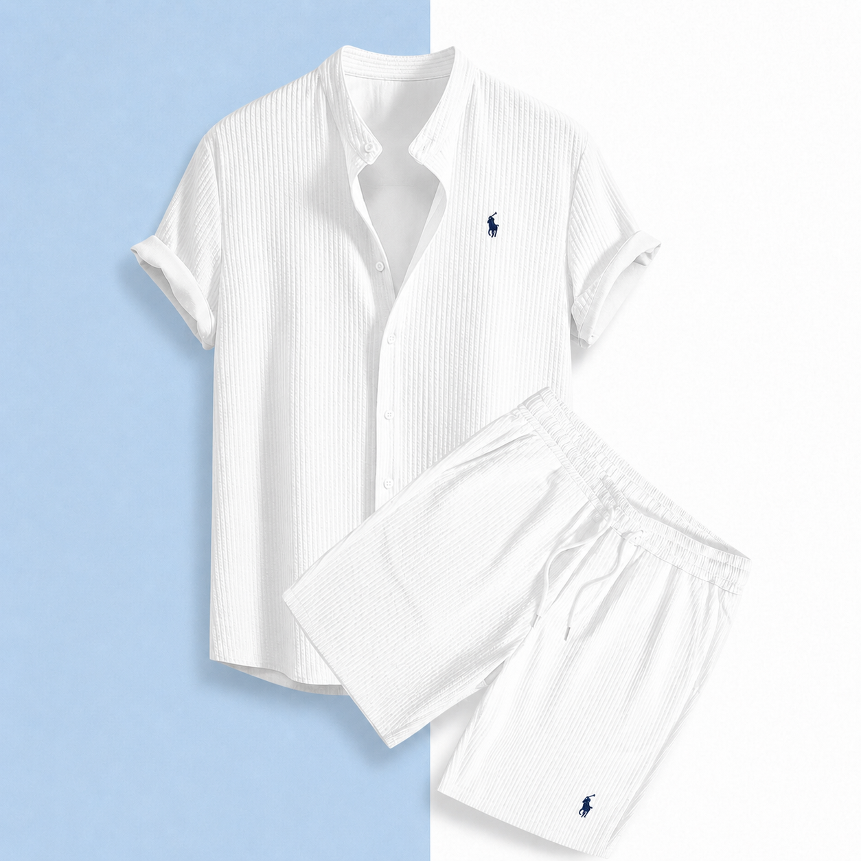 Set Coordinato Uomo - Camicia Collo alla Coreana e Pantaloncini Casual