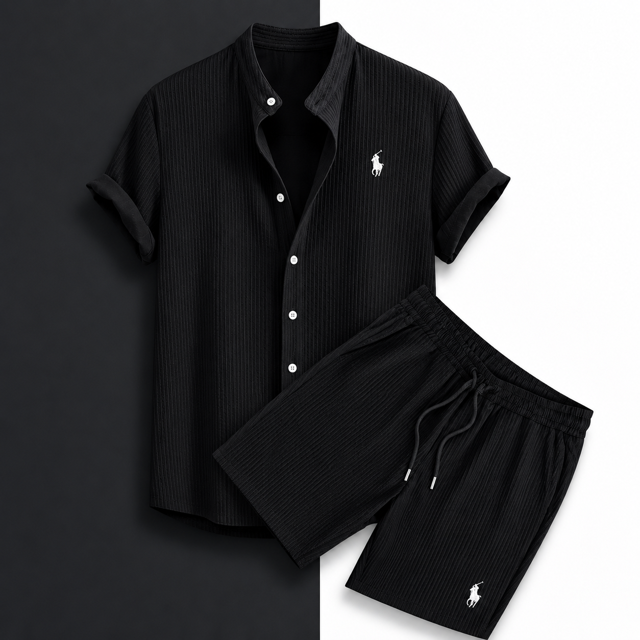 Set Coordinato Uomo - Camicia Collo alla Coreana e Pantaloncini Casual