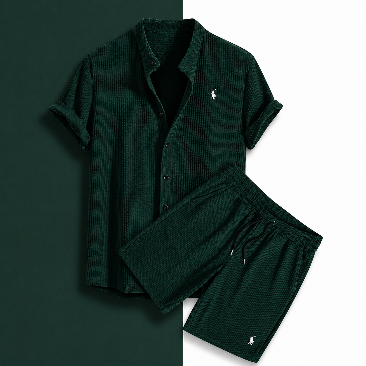 Set Coordinato Uomo - Camicia Collo alla Coreana e Pantaloncini Casual